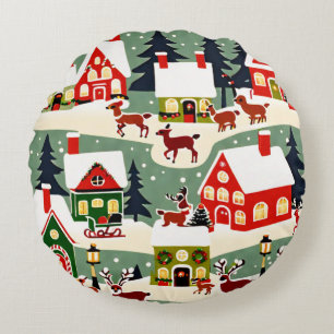 Christmas tree Xmas village snowing pic Round Cushion