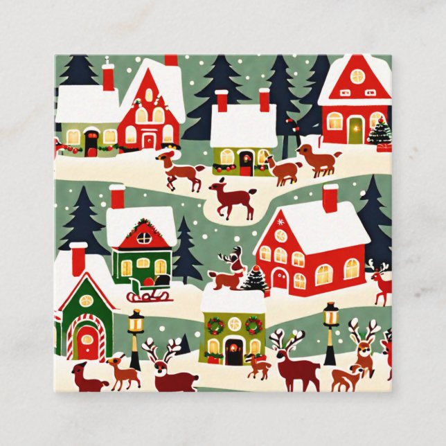 Christmas tree Xmas village snowing pic Square Business Card (Front)