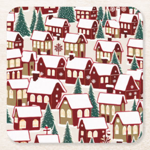 Christmas tree Xmas village snowing pic Square Paper Coaster