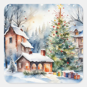 Christmas tree Xmas village snowing pic Square Sticker