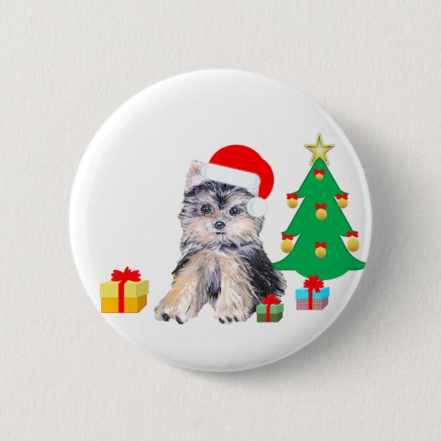 Christmas tree, Yorkshire puppy dog & gifts 6 Cm Round Badge (Front)