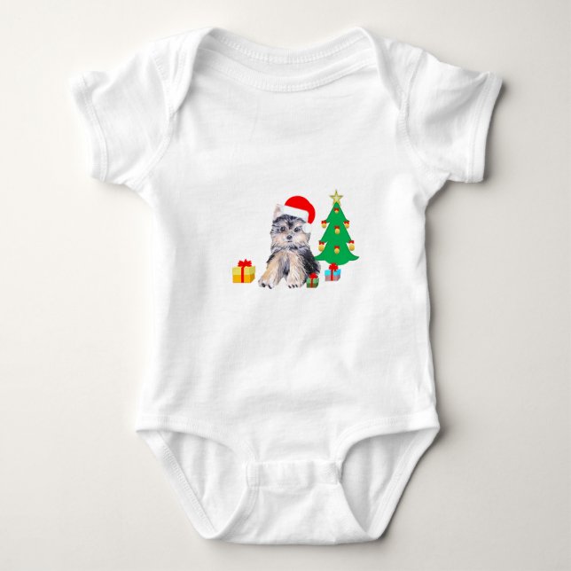 Christmas tree, Yorkshire puppy dog & gifts Baby Bodysuit (Front)
