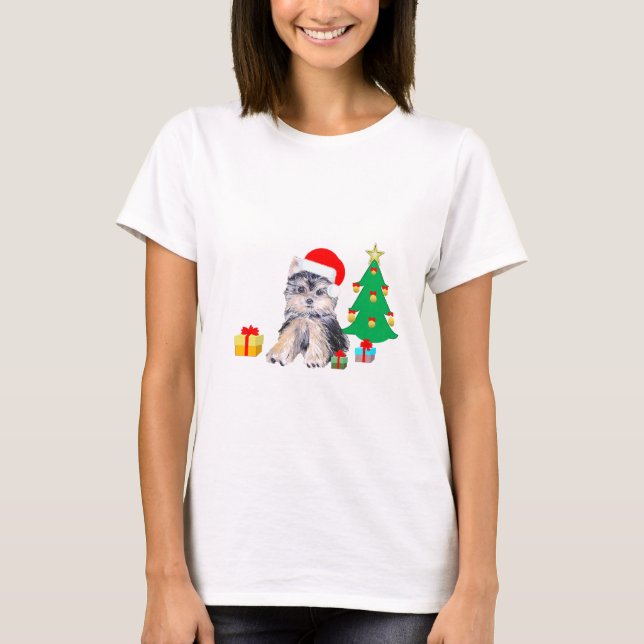 Christmas tree, Yorkshire puppy dog & gifts T-Shirt (Front)