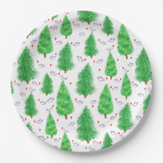 Christmas Trees and Birds Paper Plate