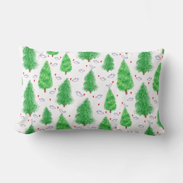 Christmas Trees and Birds Throw Pillow (Front)
