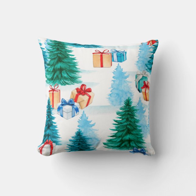 Christmas trees and Christmas gifts winter scene Cushion (Front)