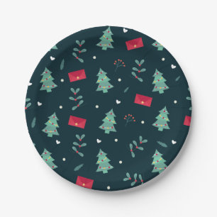 Christmas Trees and Holly Modern Pattern Dark Blue Paper Plate