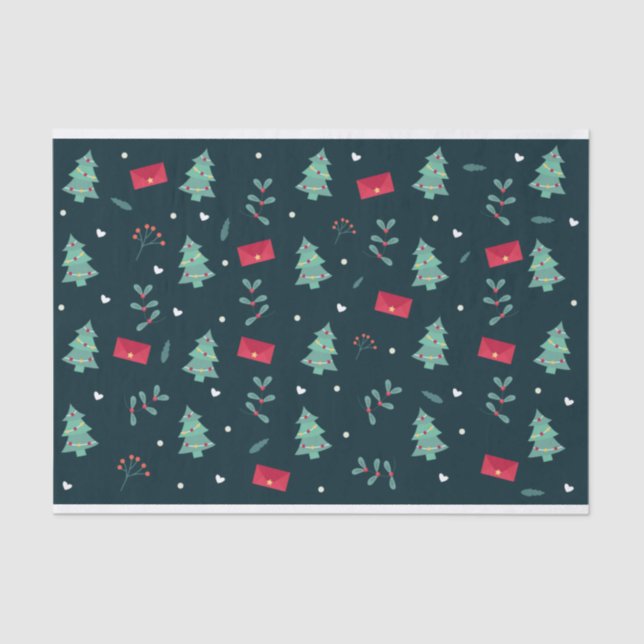 Christmas Trees and Holly Modern Pattern Dark Blue Tissue Paper (Front)