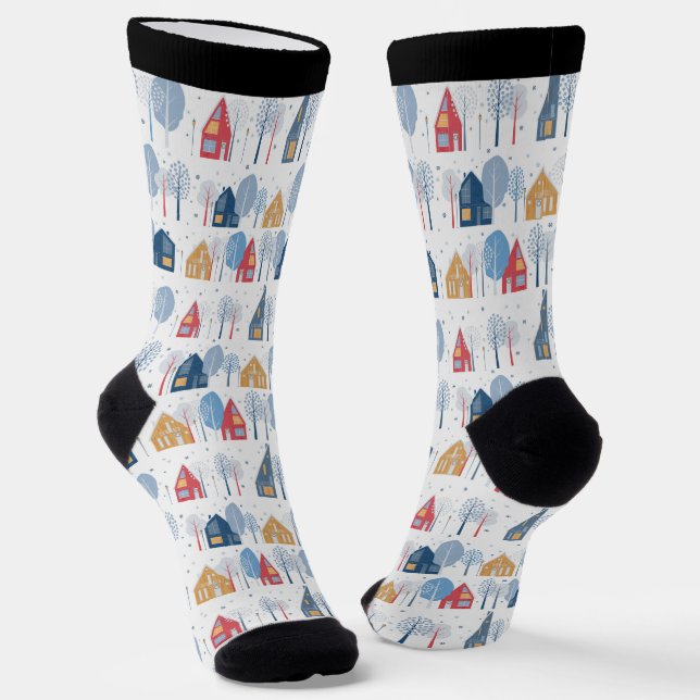 Christmas trees and houses pattern socks (Angled)