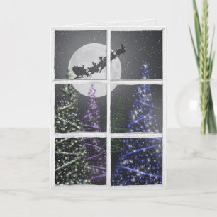 Christmas trees and moon with Santa in window Card