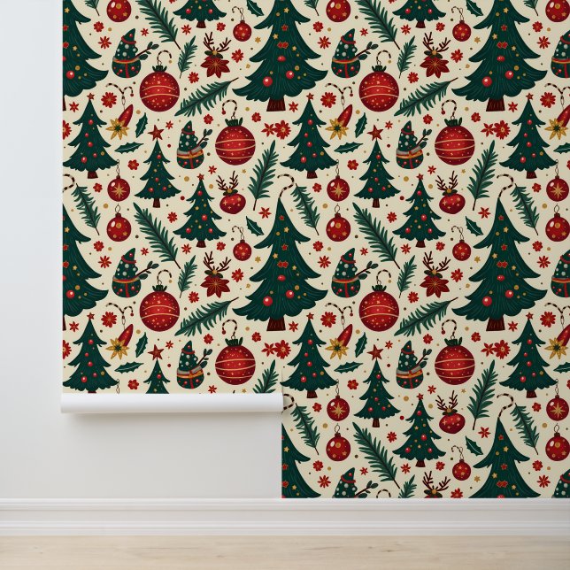 Christmas Trees and Ornaments Festive Pattern Wallpaper (Application)