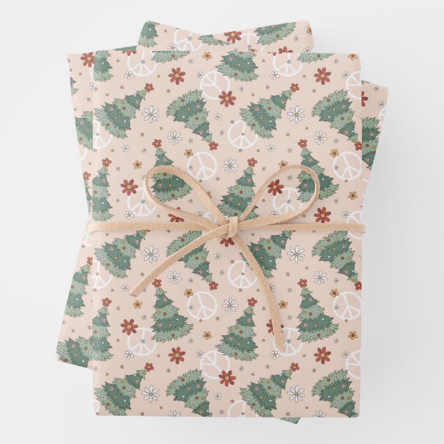 Christmas Trees and Peace Signs Pattern Wrapping Paper Sheet (In situ)