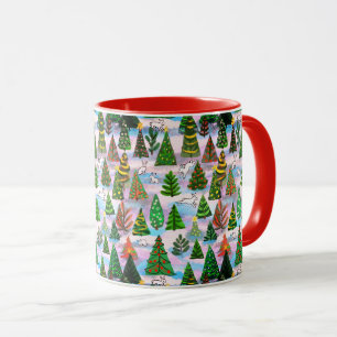 Christmas trees and snow hares mug