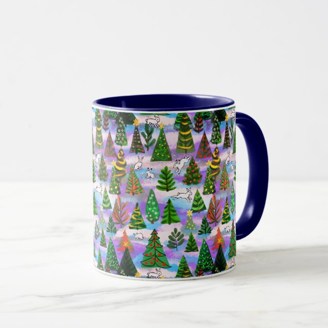 Christmas trees and snow hares mug (Front Right)