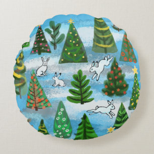 Christmas trees and snow hares round cushion