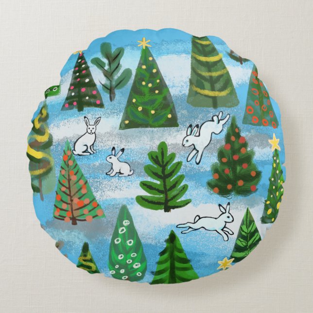 Christmas trees and snow hares round cushion (Front)