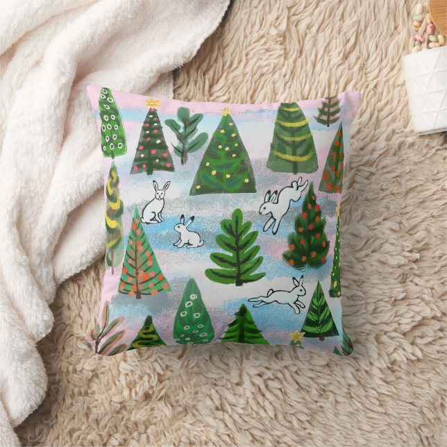 Christmas trees and snow hares throw pillow (Blanket)