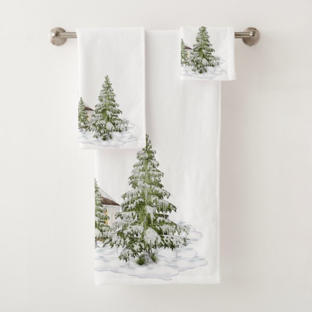 Christmas Trees and Snow On White Bath Towel Set (Insitu)