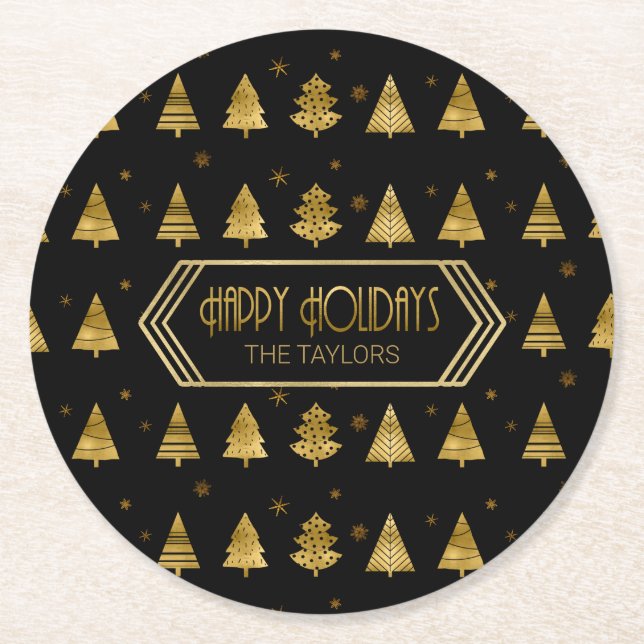 Christmas Trees and Snowflake Pattern Gold ID863 Round Paper Coaster (Front)