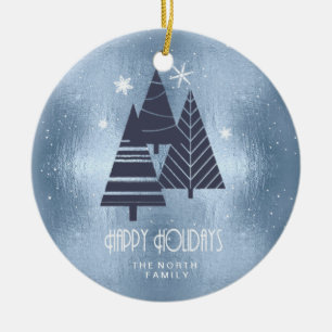 Christmas Trees and Snowflakes Blue ID863 Ceramic Ornament