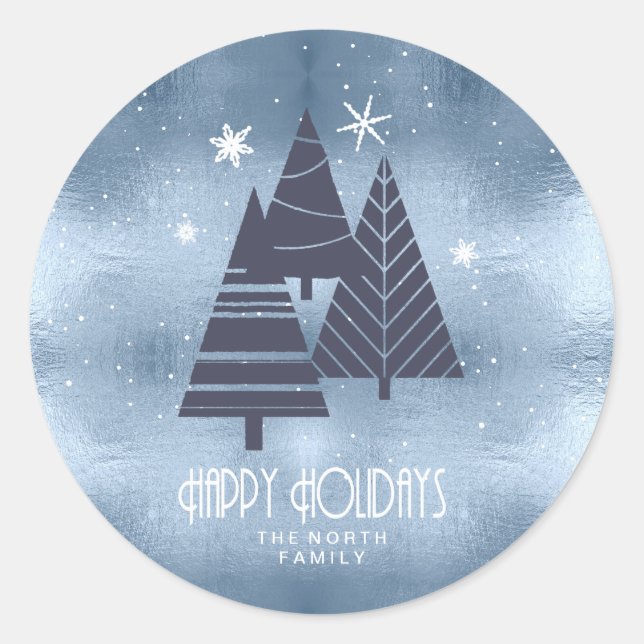 Christmas Trees and Snowflakes Blue ID863  Classic Round Sticker (Front)