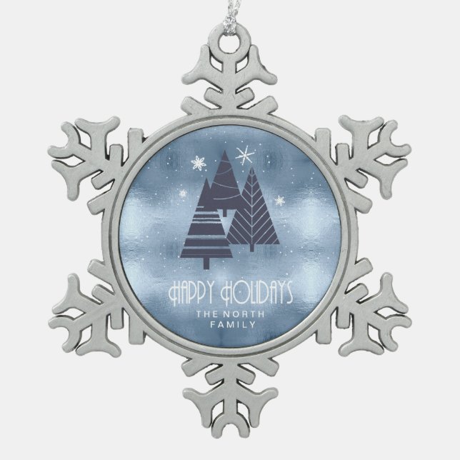 Christmas Trees and Snowflakes Blue ID863 Snowflake Pewter Christmas Ornament (Front)