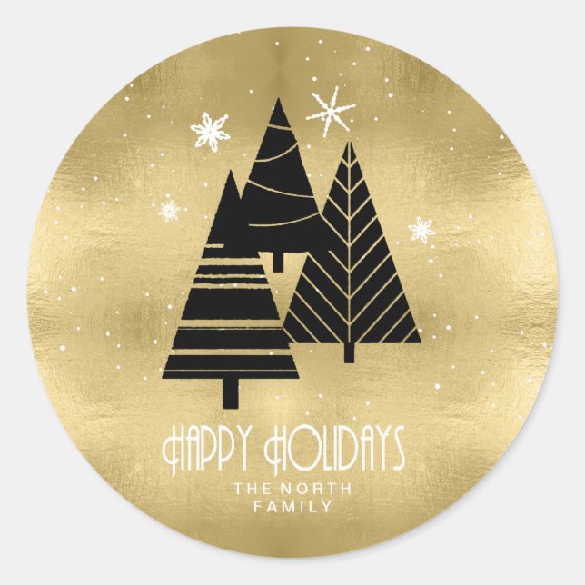 Christmas Trees and Snowflakes Gold ID863 Classic Round Sticker (Front)