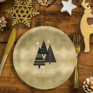 Christmas Trees and Snowflakes Gold ID863  Paper Plate