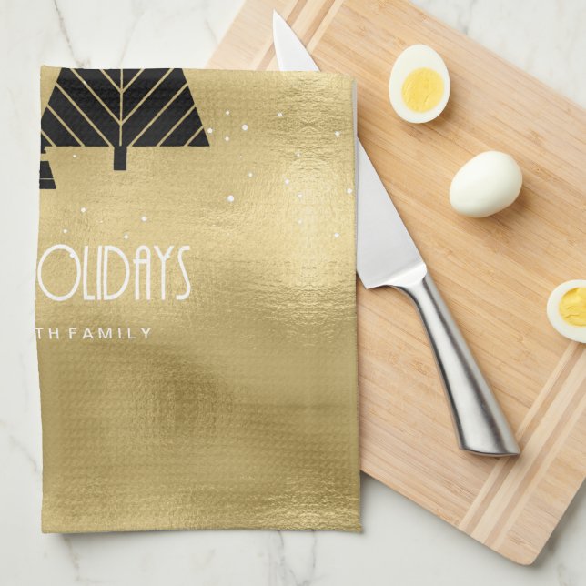 Christmas Trees and Snowflakes Gold ID863 Tea Towel (Quarter Fold)