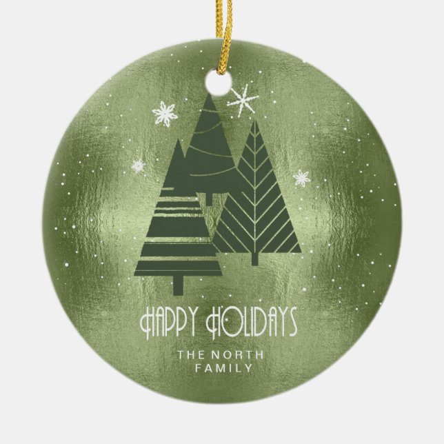 Christmas Trees and Snowflakes Green ID863 Ceramic Ornament (Front)