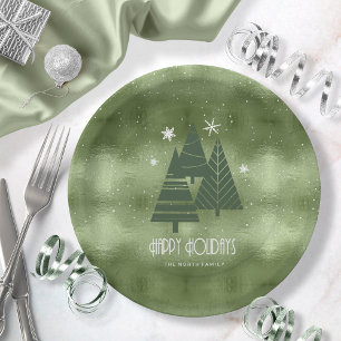 Christmas Trees and Snowflakes Green ID863 Paper Plate