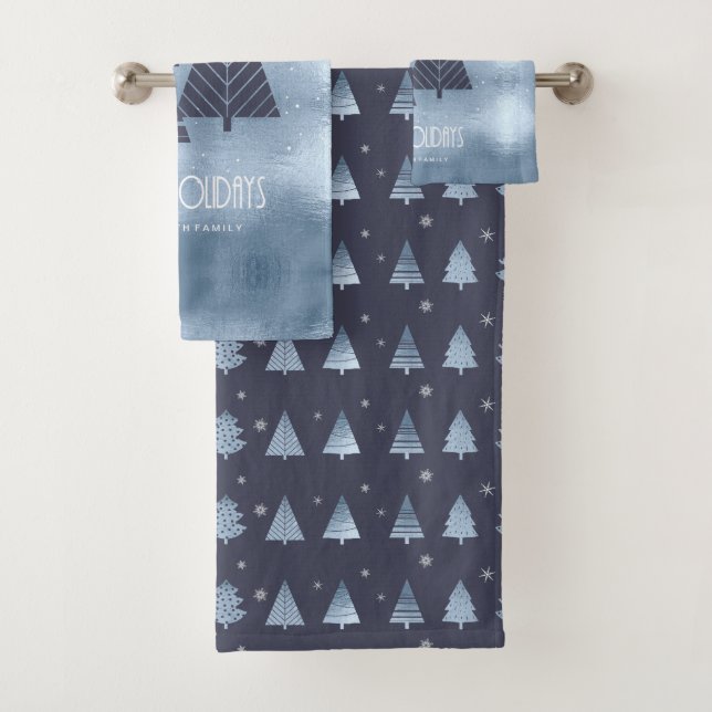Christmas Trees and Snowflakes Pattern Blue ID863 Bath Towel Set (Insitu)