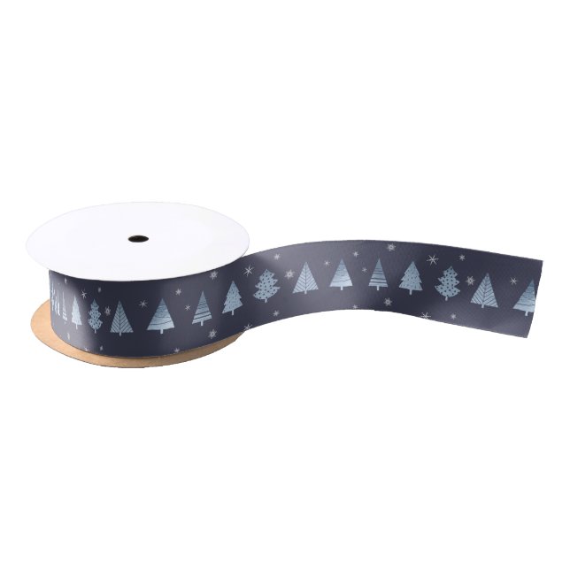 Christmas Trees and Snowflakes Pattern Blue ID863 Satin Ribbon (Spool)