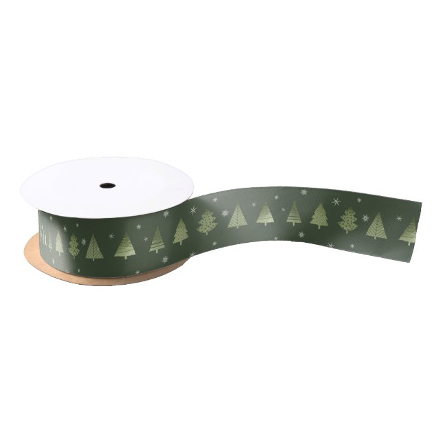 Christmas Trees and Snowflakes Pattern Green ID863 Satin Ribbon (Spool)