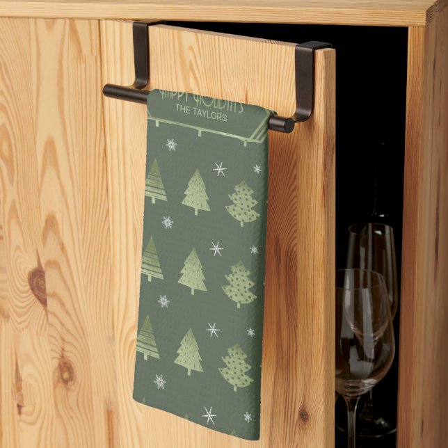 Christmas Trees and Snowflakes Pattern Green ID863 Tea Towel (Thirds Fold)