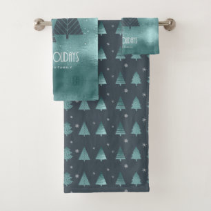 Christmas Trees and Snowflakes Pattern Teal ID863 Bath Towel Set