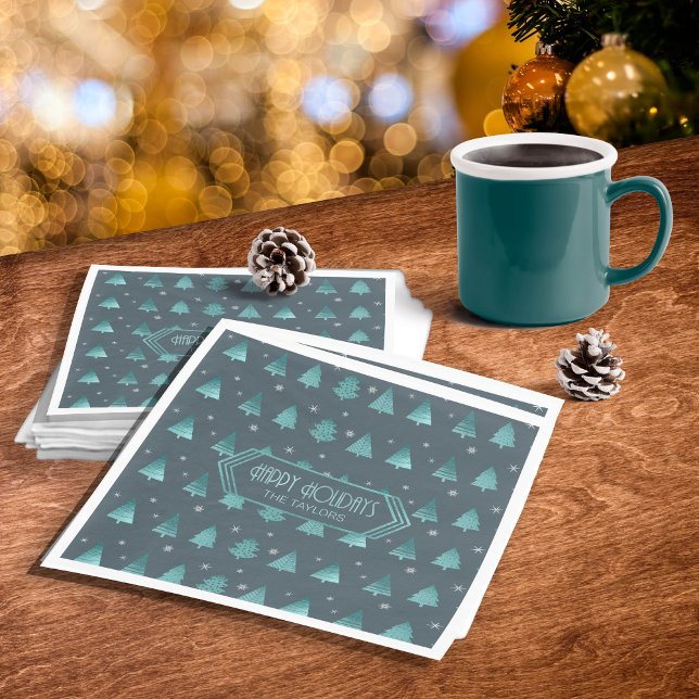 Christmas Trees and Snowflakes Pattern Teal ID863 Napkin (Creator Uploaded)