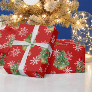 Christmas Trees and Snowflakes Red Wrapping Paper