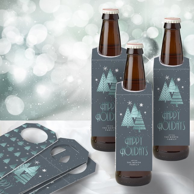 Christmas Trees and Snowflakes Teal ID863 Bottle Tag (Front/Back In Situ)