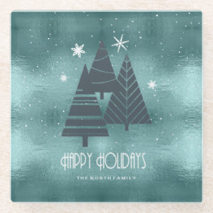Christmas Trees and Snowflakes Teal ID863 Glass Coaster