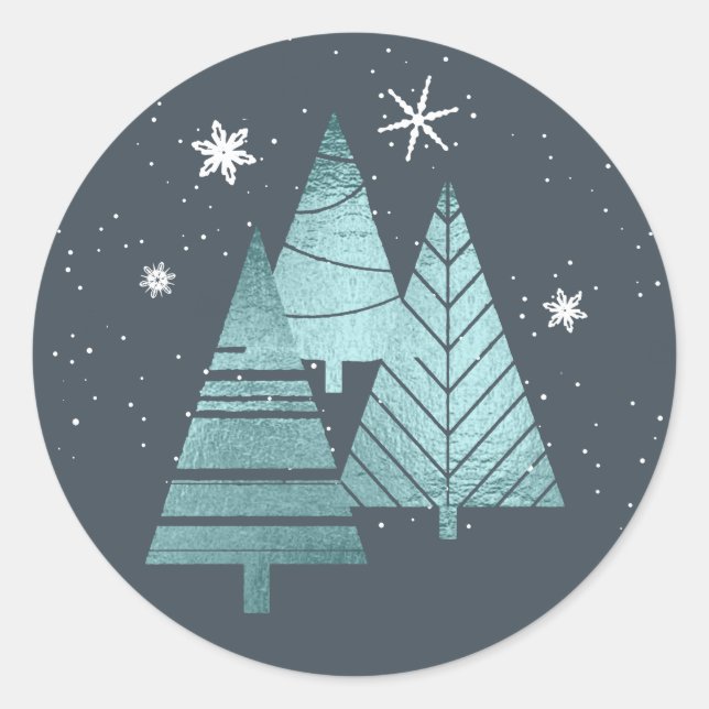 Christmas Trees and Snowflakes V2 Teal ID863 Classic Round Sticker (Front)