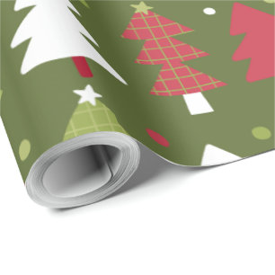 Christmas Trees and Snowflakes with Green Backing  Wrapping Paper