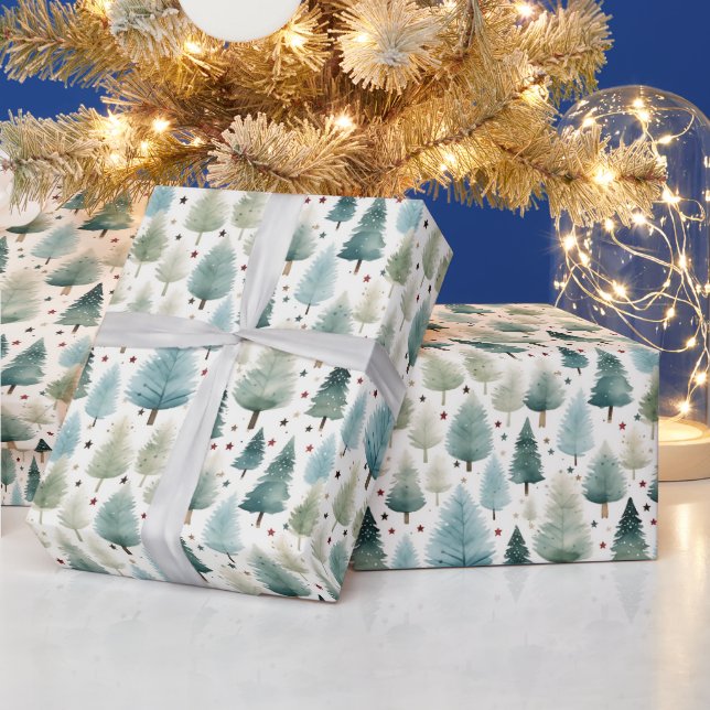 Christmas Trees and Stars Modern Christmas Wrapping Paper (Holidays)