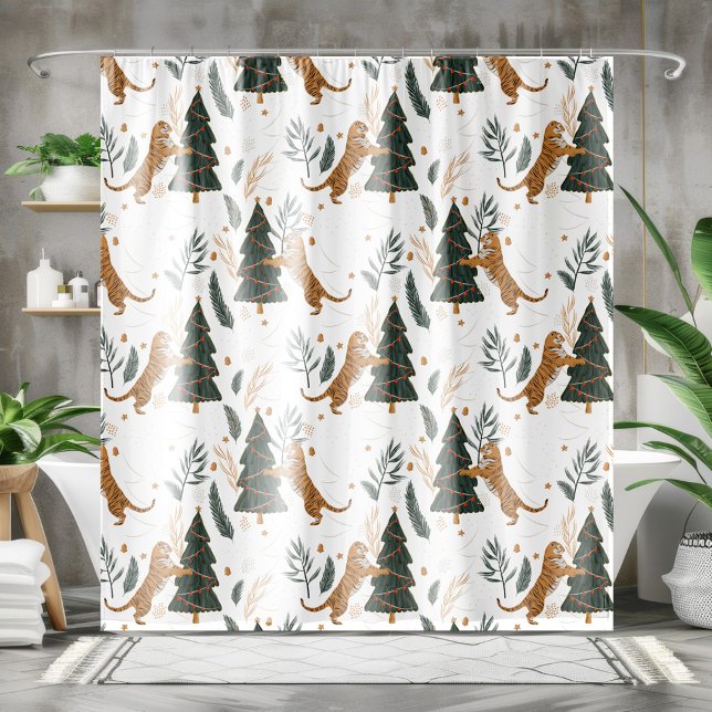 Christmas trees and tigers pattern shower curtain (Creator Uploaded)