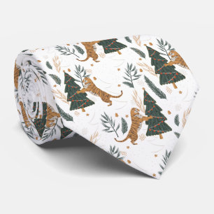 Christmas trees and tigers pattern tie