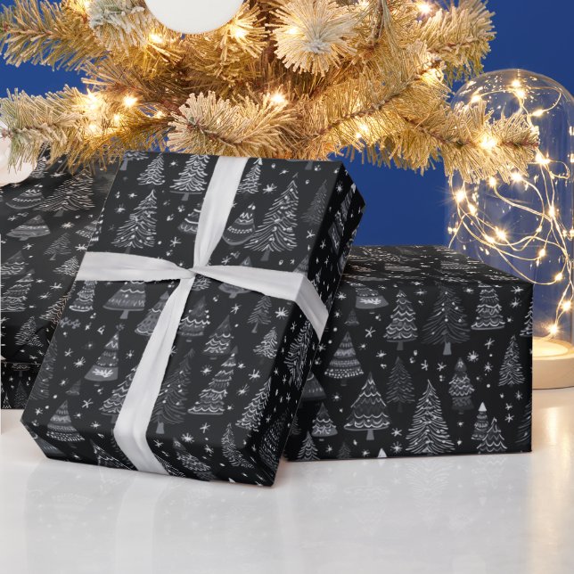 Christmas Trees Black and White Black Christmas Wrapping Paper (Holidays)