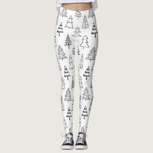 Christmas Trees Black and White Pattern Leggings