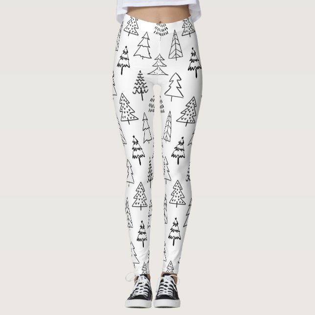 Christmas Trees Black and White Pattern Leggings (Front)