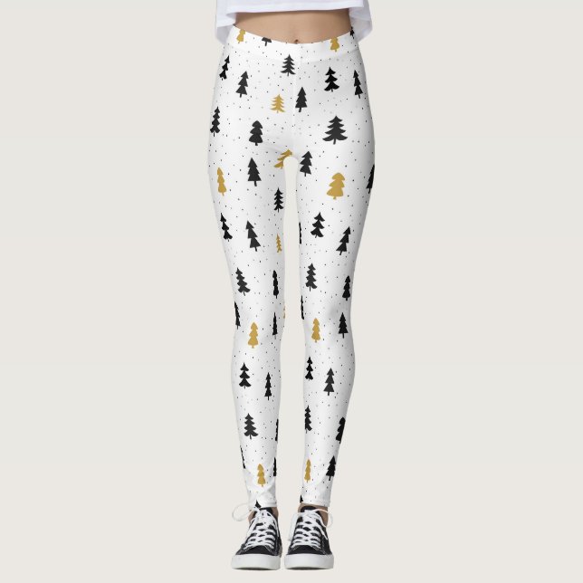 Christmas trees black gold pattern Leggings (Front)