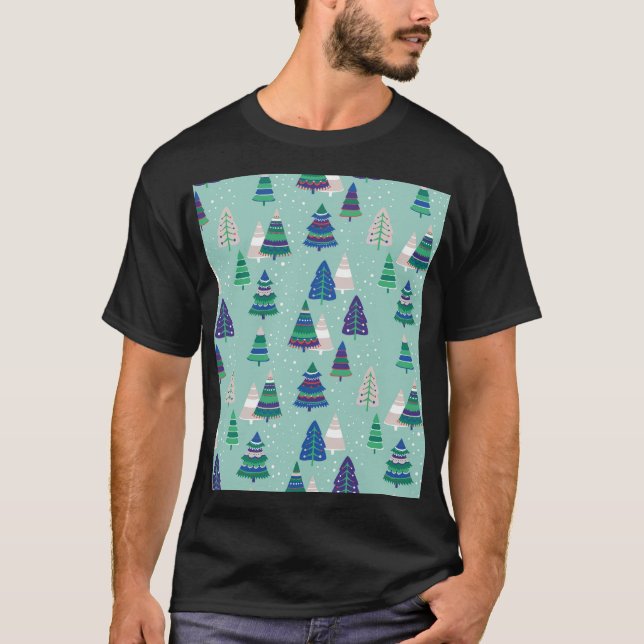 Christmas trees, blue background T-Shirt (Front)